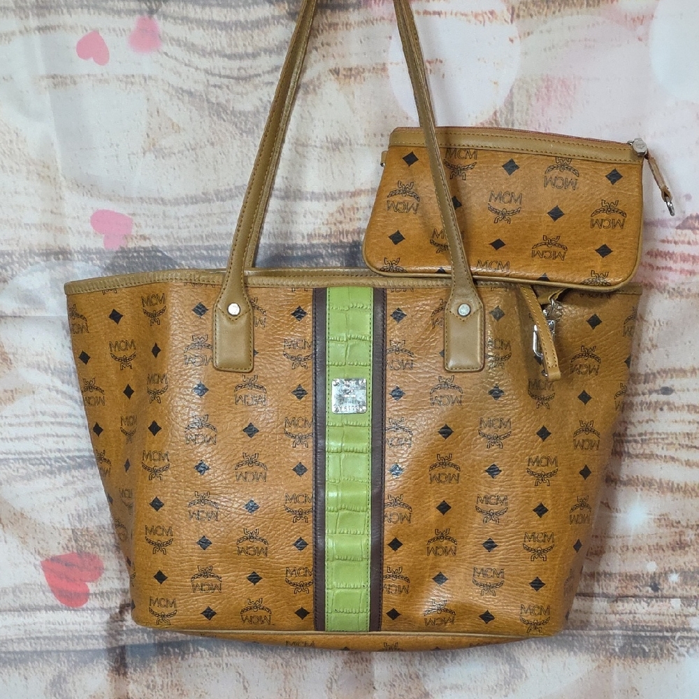 MCM Brown & Green Tote Bag With Pouchet